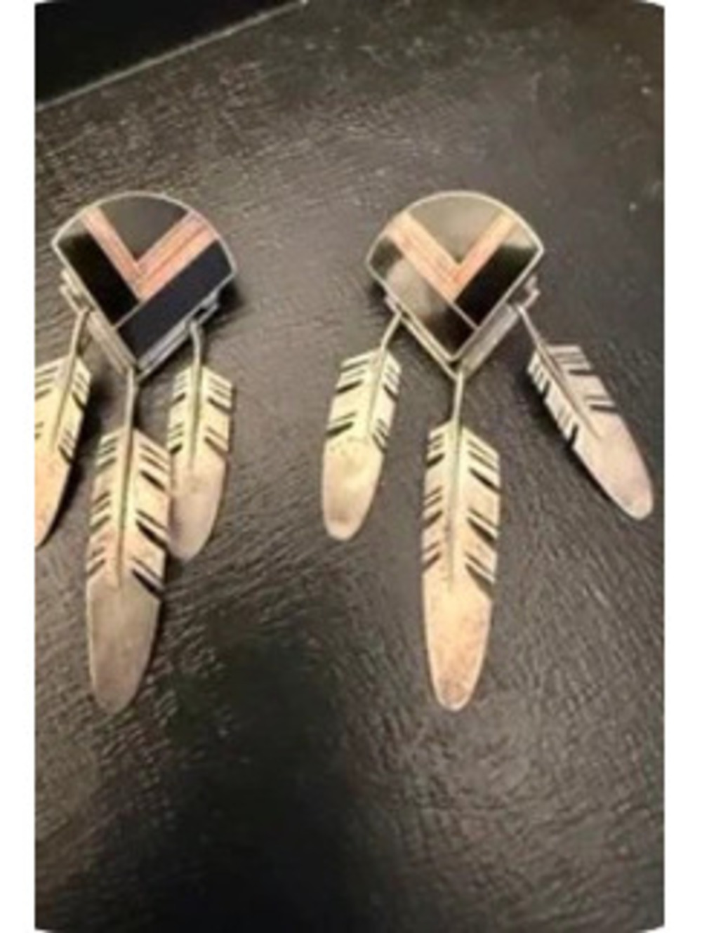 Signed Ray Tracey Sterling Silver Feather Dangle Earrings Navajo Inlay 925